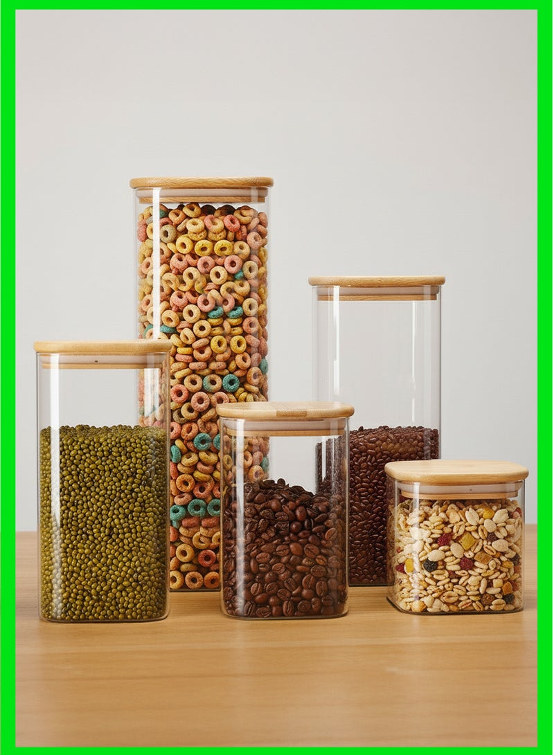 ياهـ مجموعة مرطبانات زجاجية فاخرة محكمة الإغلاق من ياه، من خمس قطع - حاويات تخزين مربعة فائقة الشفافية من البورسليكات بأغطية من الخيزران | علب تخزين مقاومة للرطوبة للأرز والحبوب والوجبات الخفيفة - Image 1